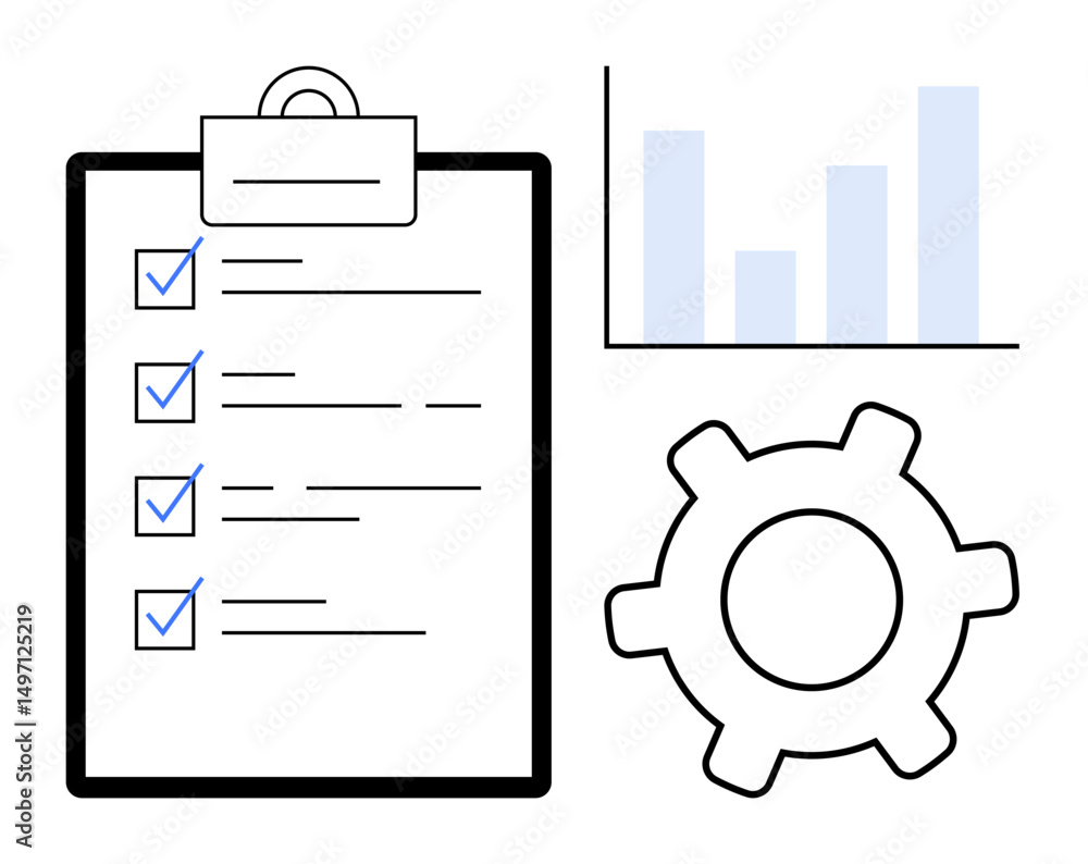 Poster clipboard with checklist, gear symbolizing functionality, and bar chart showcasing progress. ideal f