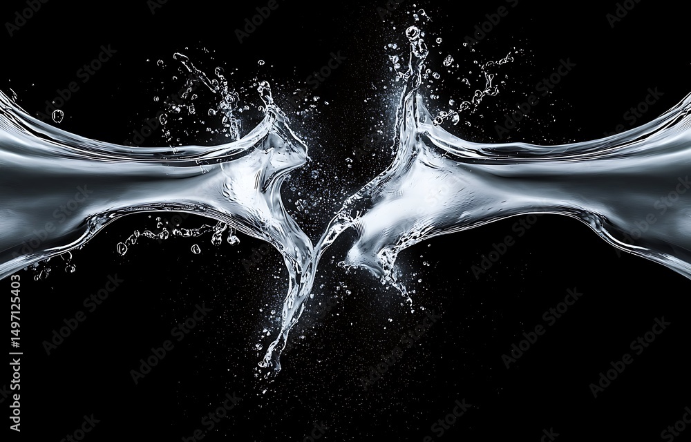 Poster high speed capture of water splashes creating dynamic forms against a black background