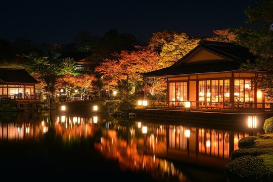 scenic view of a Japanese garden at night during autumn, with colorful trees lit by lanterns and reflections in the water, Generative AI