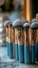 Close-up of a collection of makeup brushes with blue handles and gold accents, arranged neatly on a marble surface