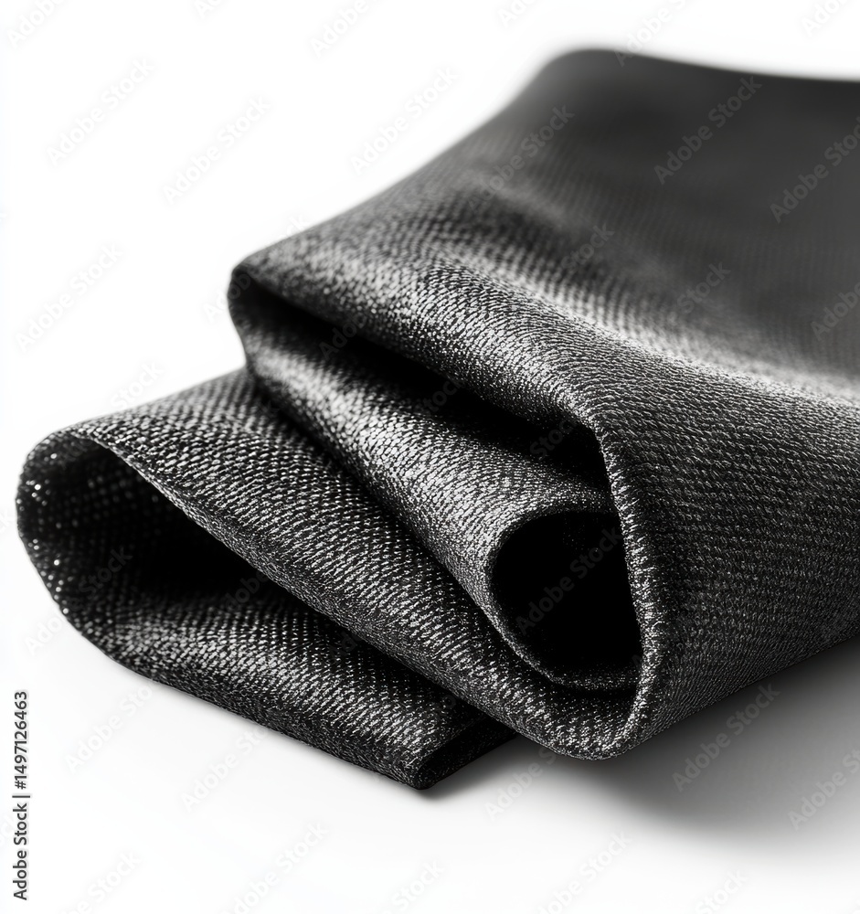 Poster folded black fabric showcasing a smooth texture and sheen against a light background in a well-lit s