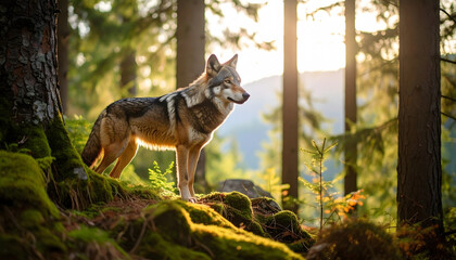 Obraz premium Wolf in serene pine forest photography vibrant ecosystem sunrise view