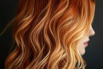 Naklejka premium Beautifully styled wavy hair showcasing shades of red and blonde on a woman in a close-up profile