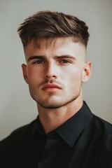 Young man with stylish haircut and sharp features poses in close-up against a neutral background, showcasing confidence and modern style
