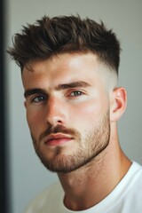 Obraz premium Haircut transformation at a modern barbershop showcasing a stylish fade and textured top, with a focus on grooming and personal style