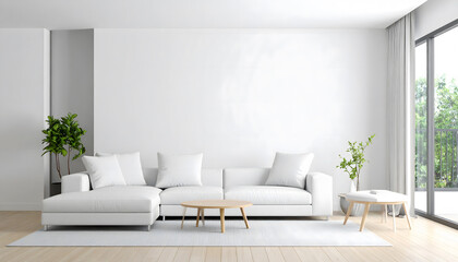 Modern living room design featuring minimalist white sofa bright apartment interior view