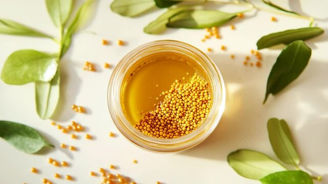 A jar of yellow seeds sits on a table with a bunch of green leaves. The jar is half full of seeds, and the leaves are scattered around it. Concept of abundance and natural beauty
