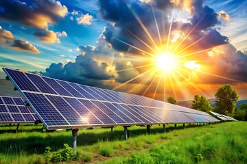Sustainable Energy: Solar Panels Harvesting Sunlight Under a Dramatic Sunset Sky