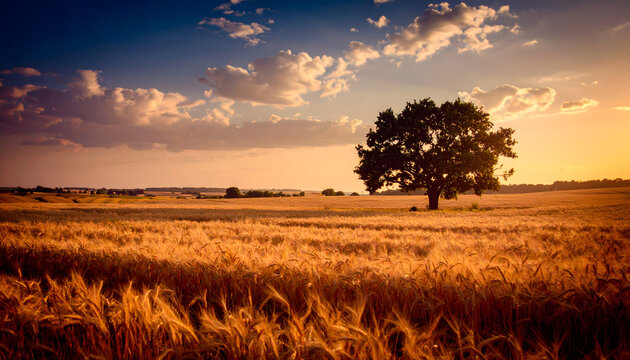 Harvest scene at sunset wheat field rural tranquil viewpoint