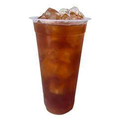 Iced tea in a clear plastic cup filled with ice cubes