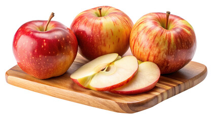 Three fresh apples and two apple slices on a wooden cutting board