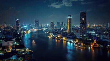Fototapeta premium Energy Motion. Abstract Bangkok City Skyline with Global Network Connection Technology