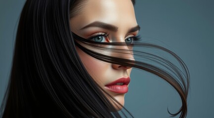 Woman with striking blue eyes and flowing black hair, looking intently against a dark background