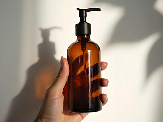 Amber bottle with pump dispenser, handheld, shadowed botanical background effect