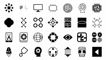 A diverse set of abstract digital icons representing technology information and global networks in