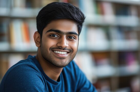Academic setting with a happy Indian student, soft facial expression, clear head and shoulders photo