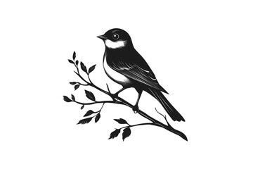Black and white songbird perched on leafy branch, with distinctive throat markings and round eye, isolated on a transparent background