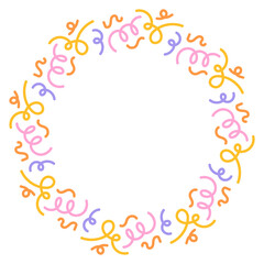 Curly Confetti Joy Frame. Circular fun border formed from playful spirals and curls in party shades. Vector illustration for card and invitation