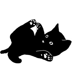 Playful kitten silhouette lying on back with paws up - black and white illustration