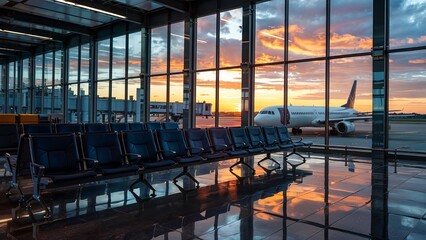 Modern Airport Terminal with Airplane at Sunrise Offering Stunning Views