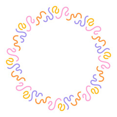 Party Squiggle Celebration Circle Frame. Energetic hand drawn roung wreath with curvy lines and squiggles in vivid colors. Vector illustration for greeting card and invitation