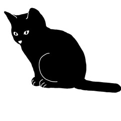 Alert cat silhouette sitting and looking down - black and white illustration