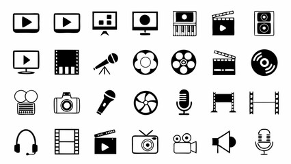 Media icons represent filmmaking recording audio engineering and broadcasting in minimalistic style