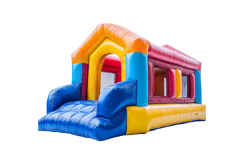 Colorful inflatable bounce house with blue, yellow, red, and orange sections and entrance, isolated on a transparent background