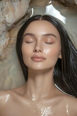 Serene Young Woman Relaxing in Water with Closed Eyes and Glowing Skin Surrounded by Natural Elements