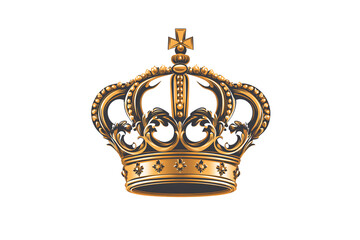 Detailed gold crown with black accents, cross topper and decorative flourishes, isolated on a transparent background