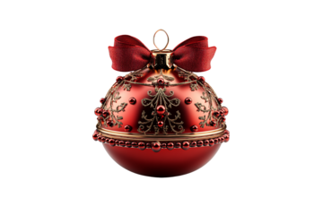 Elegant red Christmas ball ornament with intricate gold patterns and decorative red ribbon, isolated on a transparent background