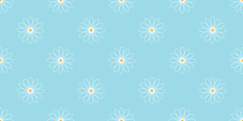 Delicate sky blue background with white silhouette of flowers. Pastel seamless pattern with daisies. Cozy cute summer print, vector graphic