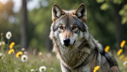 Obraz premium A wolf in a flowered meadow with trees in the background.