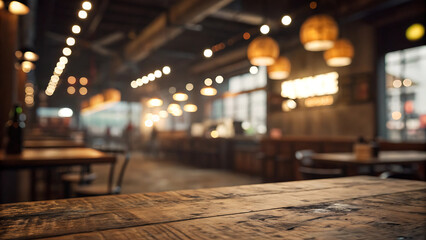 Rustic wooden table in focus with a blurred, warm-lit cafe or restaurant interior, perfect for showcasing products or text in a cozy, inviting setting.