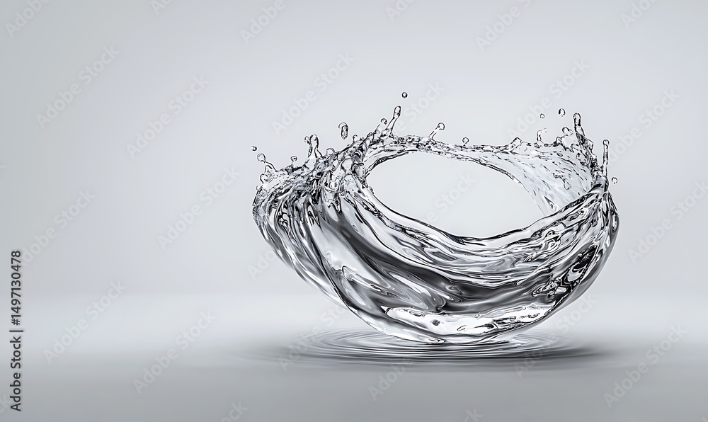 Poster dynamic water splash creating artistic form with ripples on gray background