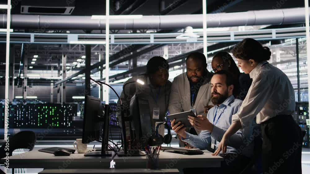 Poster data center system administrators performing maintenance on supercomputers used for ai processing. t
