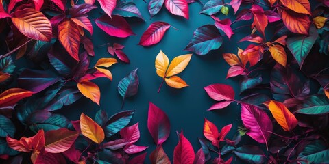 Colorful fall leaves arranged on a teal background. Nature and seasonal concept. Autumn foliage and vibrant colors. The theme of fall and nature.