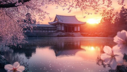 Serene Japanese temple at sunrise, framed by cherry blossoms reflecting in a pond