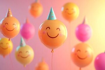 digital illustration of smiling emoji balloons with party hats, floating against a gradient pink and orange background, Generative AI