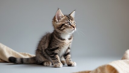 Obraz premium A cute striped kitten sitting attentively indoors on a light-colored surface.