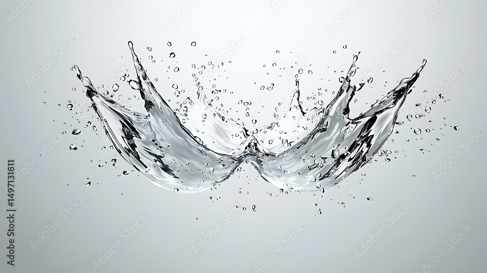Poster dynamic water splash creating a stunning visual effect with droplets on a light gray background