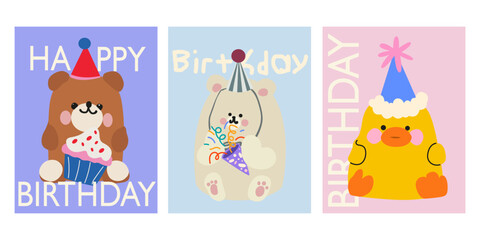 Obraz premium Set of Birthday greeting cards with cute little bear, duck, cakes, colorful confetti. Birthday party funny cartoon animals character illustration. Vector illustration for invitation, poster, postcard