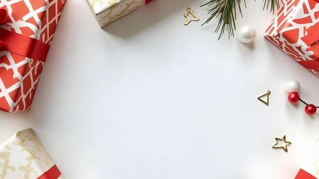 A modern Christmas setting with red and white geometric patterned wrapping paper, minimalist gifts with simple bows, sleek pine cones, bright holly berries, and contemporary Christmas decorations