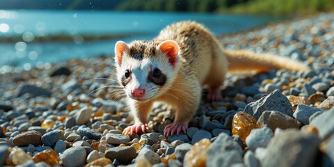 Fototapeta premium Ferret walking on pebble beach with water in background.