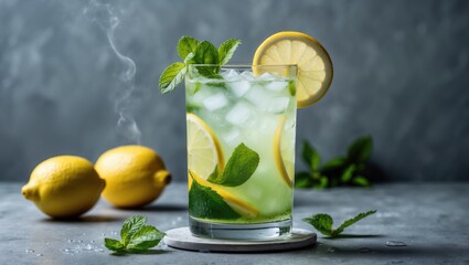 Fototapeta premium A refreshing lemon and mint drink with ice, lemon slices, and mint leaves, with fresh lemons and mint leaves in the background.