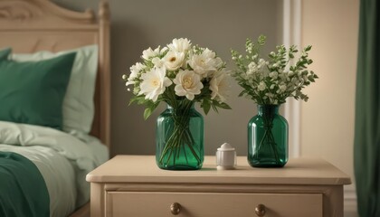 Elegant floral arrangement in bottle vase on beige nightstand, emerald green sheets ,  room,  plants