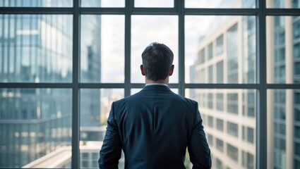 Fototapeta premium A man in a suit looking out of a large window at city buildings.
