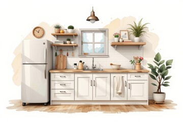 Mockup in Interior concept. Modern kitchen design featuring a stylish fridge, shelves and plants.