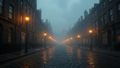 foggy early morning street scene illuminated by warm vintage street lamps in a historic city