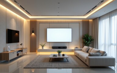 Mockup in Interior concept. Modern living room with sleek furniture and ambient lighting.